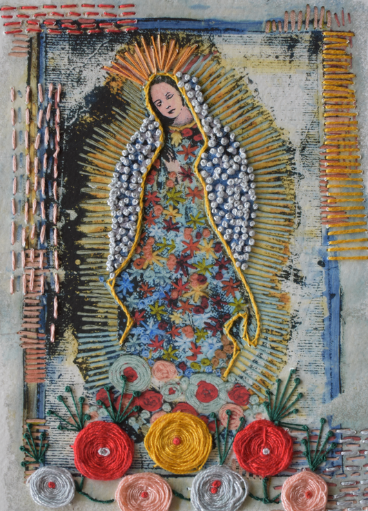 Vírgen grande con flores de colores ENMARCADA